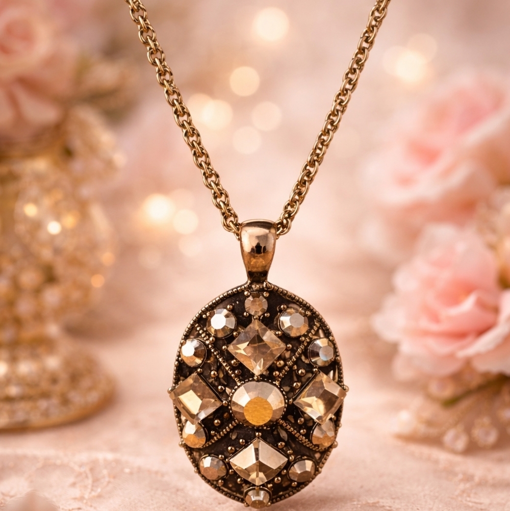 Elegant Black and gold Pendant Necklace. Costume Jewelry